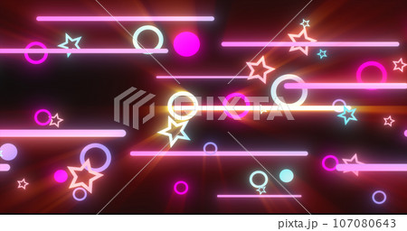 Purple red glowing geometric abstract background pattern of flying lines and circles 107080643