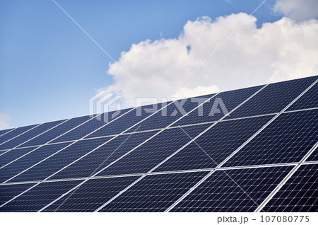 Big solar farm giving large amount of renewable energy. Dark blue PV panels taking energy from sun. Concept of innovations in green energy industry. 107080775