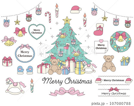 クリスマスのかわいいアイコンとフレームのベクターイラストセット 107080788
