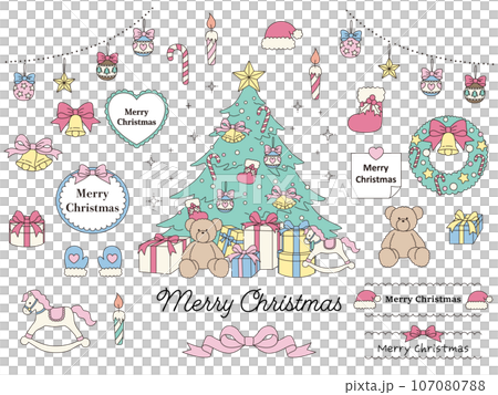 クリスマスのかわいいアイコンとフレームのベクターイラストセット 107080788
