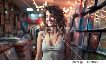 Young woman standing at a front of music store, AI generated 107080959