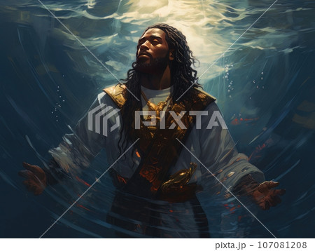 Rite of baptism in water of African Jesus Christ AI 107081208