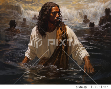 Rite of baptism in water of African Jesus Christ AI 107081267