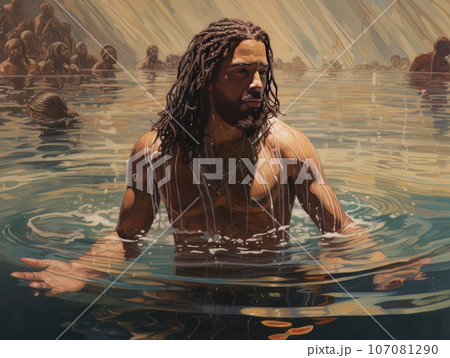 Rite of baptism in water of African Jesus Christ AI 107081290