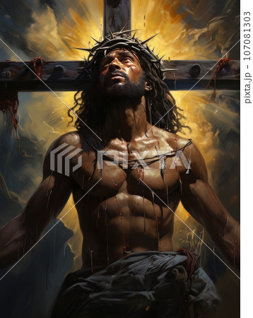 Crucifixion of African Jesus Christ on the cross AI Crucifixion of African Jesus Christ on the cross AI 107081303