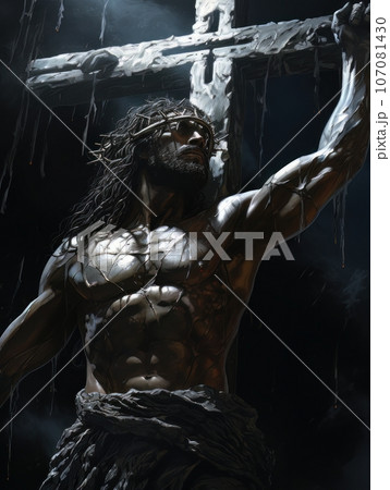Crucifixion of African Jesus Christ on the cross AI 107081430