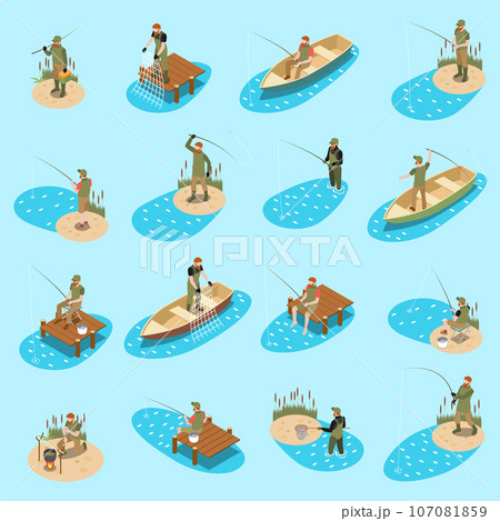 Fishing Fisherman Isometric Icon Set 107081859