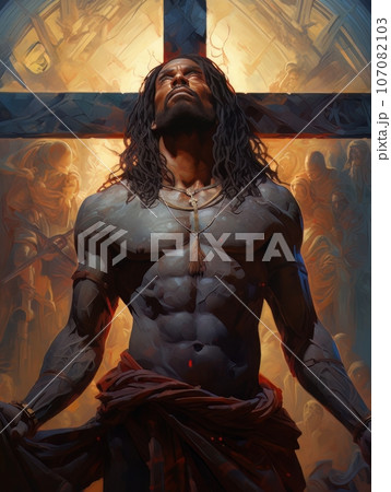 Crucifixion of African Jesus Christ on the cross AI Crucifixion of African Jesus Christ on the cross AI 107082103