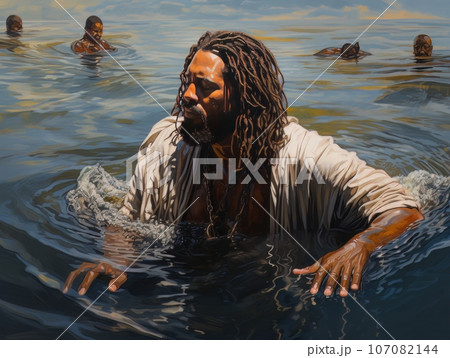 Rite of baptism in water of African Jesus Christ AI 107082144