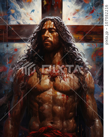 Crucifixion of African Jesus Christ on the cross AI 107082216