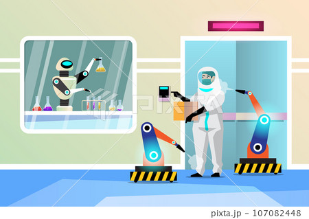 The robot works in a disinfection room mixing deadly chemicals. Prevent dangers that will occur to humans. Disinfection Robot / Clean Room / Chemical Drip. medical technology. The robot works in a disinfection room mixing deadly chemicals. Prevent dangers that will occur to humans. Disinfection Robot / Clean Room / Chemical Drip. medical technology. 107082448