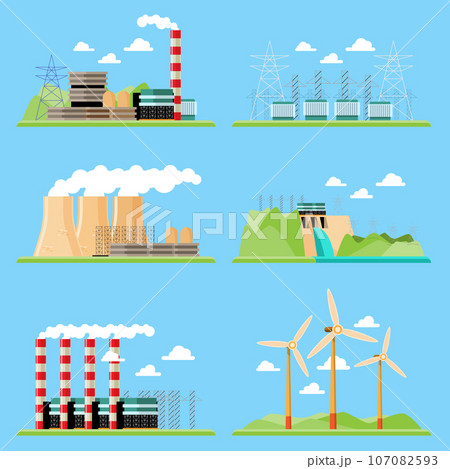 Vector illustration showing clean and polluting electricity generation production. Factory power generation, Coal Plants, Nuclear Plants, Wind Power, Hydro Power 107082593