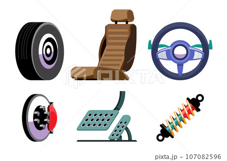 Automobile accessories. Tires, car seats, steering wheels, disc brakes, brake and accelerator pedals, and suspension shocks, on white background. Automobile accessories. Tires, car seats, steering wheels, disc brakes, brake and accelerator pedals, and suspension shocks, on white background. 107082596
