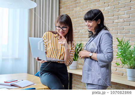 Two mature business women are talking in a modern office. 107082866