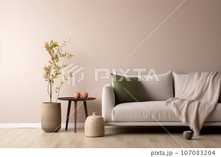 Interior design of living room with copy space, beige sofa, side table, leaf in vase, pouf, elegant accessories and boucle rug. Beige wall. Minimalist home decor. Template. Interior design of living room with copy space, beige sofa, side table, leaf in vase, pouf, elegant accessories and boucle rug. Beige wall. Minimalist home decor. Template. 107083204