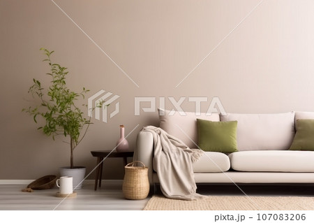Interior design of living room with copy space, beige sofa, side table, leaf in vase, pouf, elegant accessories and boucle rug. Beige wall. Minimalist home decor. Template. Interior design of living room with copy space, beige sofa, side table, leaf in vase, pouf, elegant accessories and boucle rug. Beige wall. Minimalist home decor. Template. 107083206