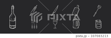 Kitchen Utensil for Food Cooking on Black Background Vector Set Kitchen Utensil for Food Cooking on Black Background Vector Set 107083213