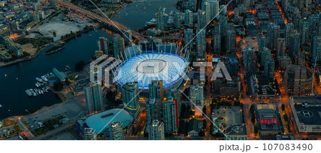 Aerial View of Downtown Vancouver at night after Sunset. British Columbia, Canada 107083490