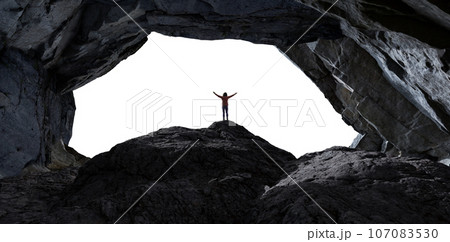 Adventure Woman Hiker standing on top of Mountain Peak. Cutout on White Background. 3d Rendering 107083530