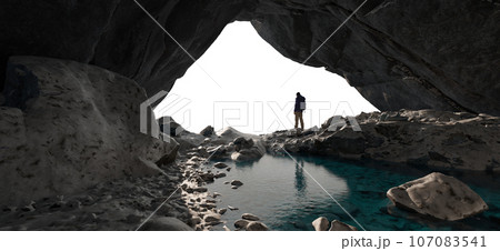Adventure Man Hiker standing on top of Mountain Peak. Cutout on White Background. 3d Rendering 107083541
