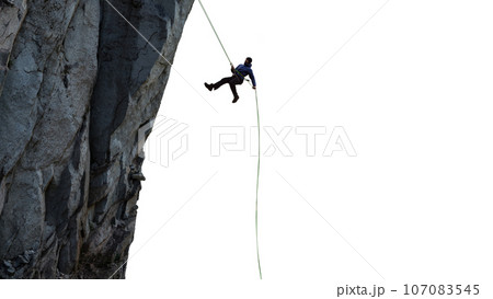 Adventure Man Hiker standing on top of Mountain Peak. Cutout on White Background. 3d Rendering 107083545