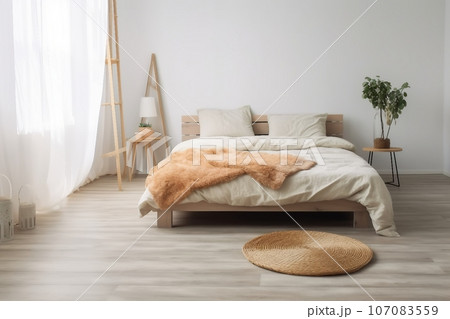 simple boho eco bedroom interior, design blog, ad. Bed with pillows, carpet on wooden floor, window with curtains, table with dry plants, furniture, on white wall background, copy space 107083559