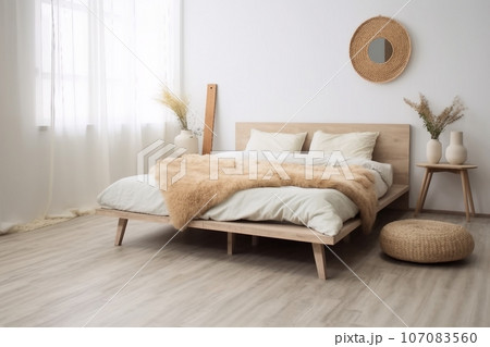 simple boho eco bedroom interior, design blog, ad. Bed with pillows, carpet on wooden floor, window with curtains, table with dry plants, furniture, on white wall background, copy space 107083560