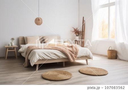 simple boho eco bedroom interior, design blog, ad. Bed with pillows, carpet on wooden floor, window with curtains, table with dry plants, furniture, on white wall background, copy space 107083562