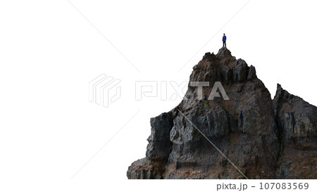 Adventure Man Hiker standing on top of Mountain Peak. Cutout on White Background. 3d Rendering Adventure Man Hiker standing on top of Mountain Peak. Cutout on White Background. 3d Rendering 107083569