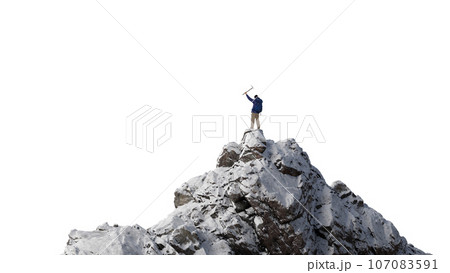 Adventure Man Hiker standing on top of Mountain Peak. Cutout on White Background. 3d Rendering 107083591