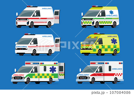 Ambulance car vector illustration. Ambulance car icon set. Ambulance car rescue set. 911 emergency disaster vehicle, modern van-based transport with warning lights and sirens for urgent help. 107084086