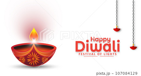 Happy Diwali festival celebration beautiful Diwali diya oil lamp banner design on white background. Vector illustration. 107084129