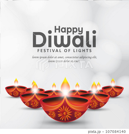 Happy Diwali festival of lights greeting card design. Beautiful Diwali diya oil lamps on white bokeh background. vector illustration. 107084140