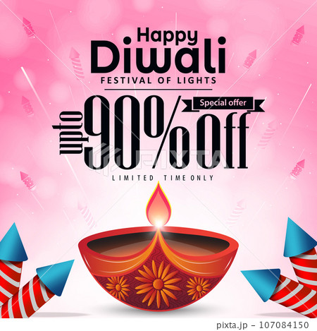 90% off Diwali banner template design with diya and firecrackers background. Happy Diwali sale banner template. 90% off Diwali banner template design with diya and firecrackers background. Happy Diwali sale banner template. 107084150
