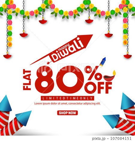 80% off Diwali banner template design with colorful flowers and fireworks on white background. 80% off Diwali banner template design with colorful flowers and fireworks on white background. 107084151