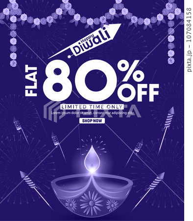 80% Off Happy Diwali Promotion Sale Banner Design Template. Diwali Diya oil lamp with firecrackers background on Diwali festival. 107084158