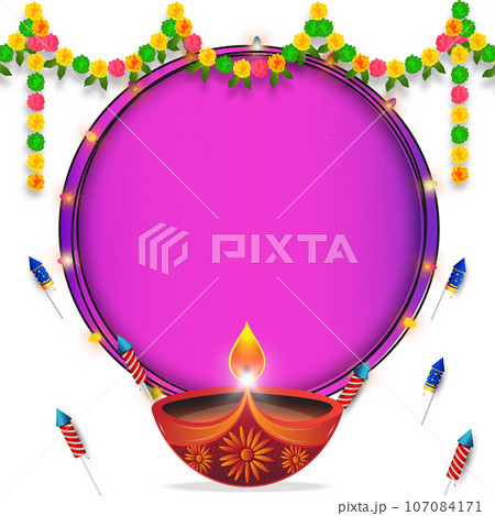 Happy Diwali festival background with Diwali lamp and fireworks and colorful flower garland decoration toran. 107084171