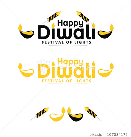 Set of Happy Diwali Text Design with Fireworks and oil lamp on white background. 107084172