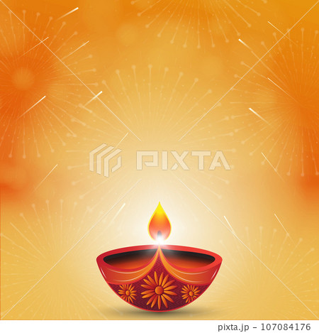 Happy Diwali festival of lights greeting card background with diya lamps and fireworks. 107084176