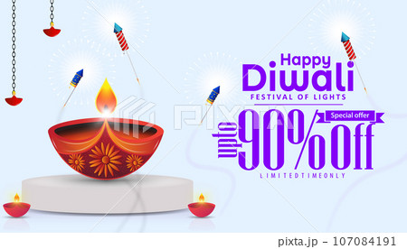 Happy Diwali sale poster or banner design and 90% discount tag 107084191
