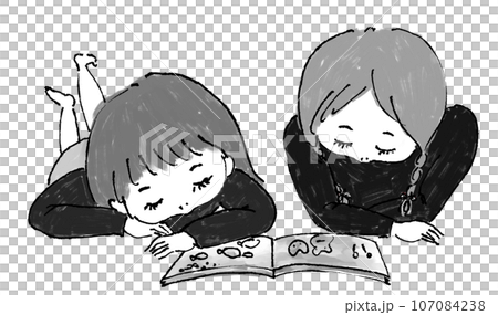 Monochrome Children lying down and reading picture books 107084238