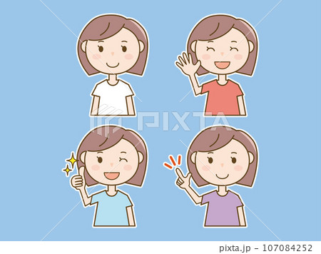 いいねをする_ポイントを説明する_挨拶をする若い女性の4ポーズセット_その2_白フチあり いいねをする_ポイントを説明する_挨拶をする若い女性の4ポーズセット_その2_白フチあり 107084252