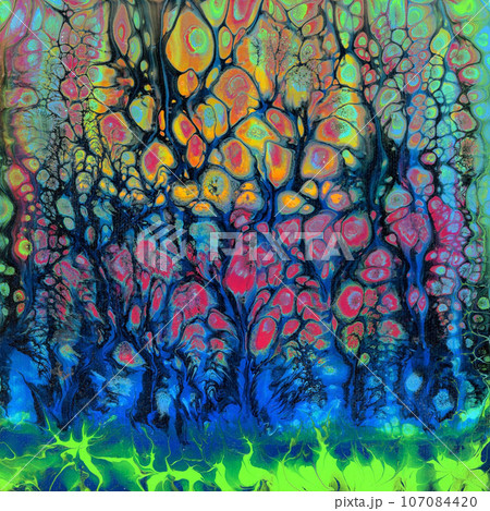 Watercolour drawing abstract square. Black background, small orange, yellow, red, green, blue spots in wonderful flowing movement. To textile print card wallpaper wrapping background scrapbooking Watercolour drawing abstract square. Black background, small orange, yellow, red, green, blue spots in wonderful flowing movement. To textile print card wallpaper wrapping background scrapbooking 107084420