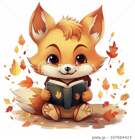 読書の秋に本を読むかわいいキツネ　AI画像 107084423