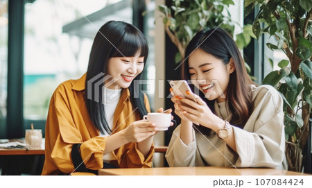 カフェで友達とスマホを見て笑う女性 Girls talking at cafe AI生成画像 107084424