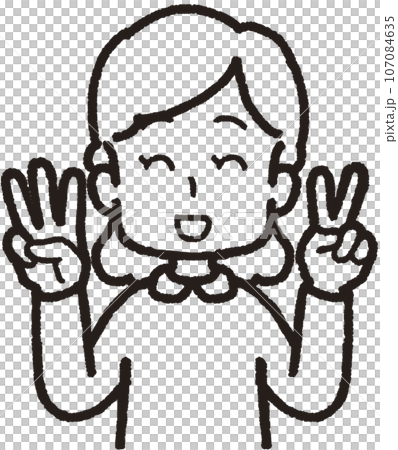 Upper body line drawing illustration of a smiling woman making 32 hand signs with two fingers on her left hand and three fingers on her right hand 107084635