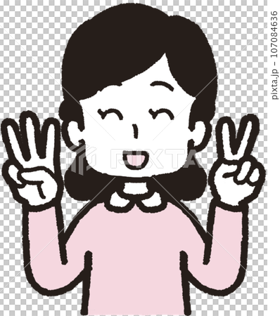 Upper body illustration of a smiling woman making 32 hand signs with two fingers on her left hand and three fingers on her right hand 107084636