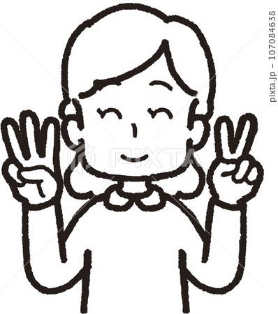 左手は2本指、右手は3本指の32のハンドサインをして笑う女性の上半身線画イラスト 107084638