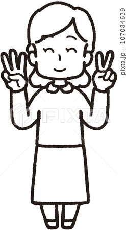 左手は2本指、右手は3本指の32のハンドサインをして笑う女性の全身線画イラスト 107084639