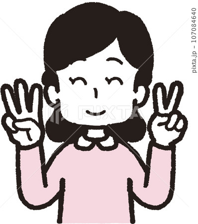 左手は2本指、右手は3本指の32のハンドサインをして笑う女性の上半身イラスト 107084640